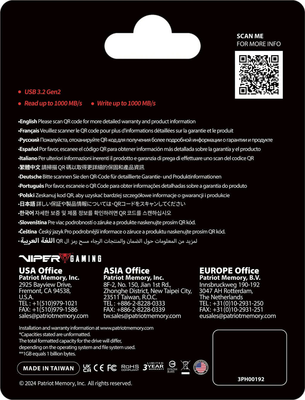 Patriot Viper PVP30 Externe SSD 512 GB USB-A USB-C 3.2 Gen2 Schwarz flach OVP