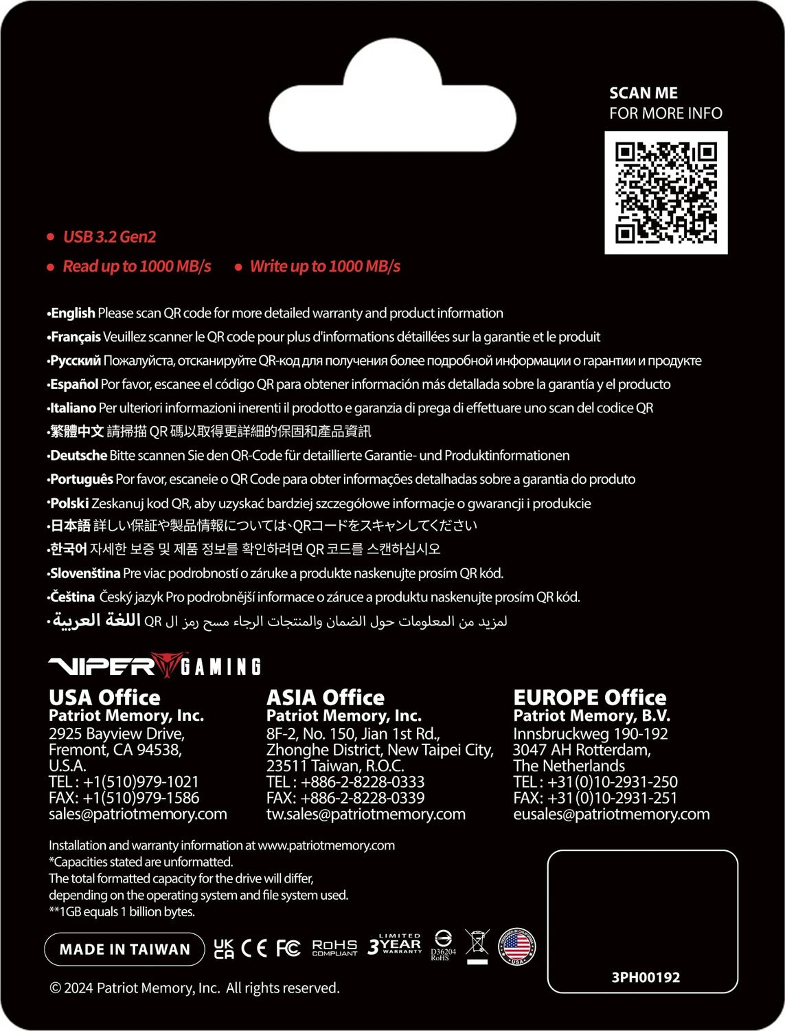 Patriot Viper PVP30 Externe SSD 512 GB USB-A USB-C 3.2 Gen2 Schwarz flach OVP