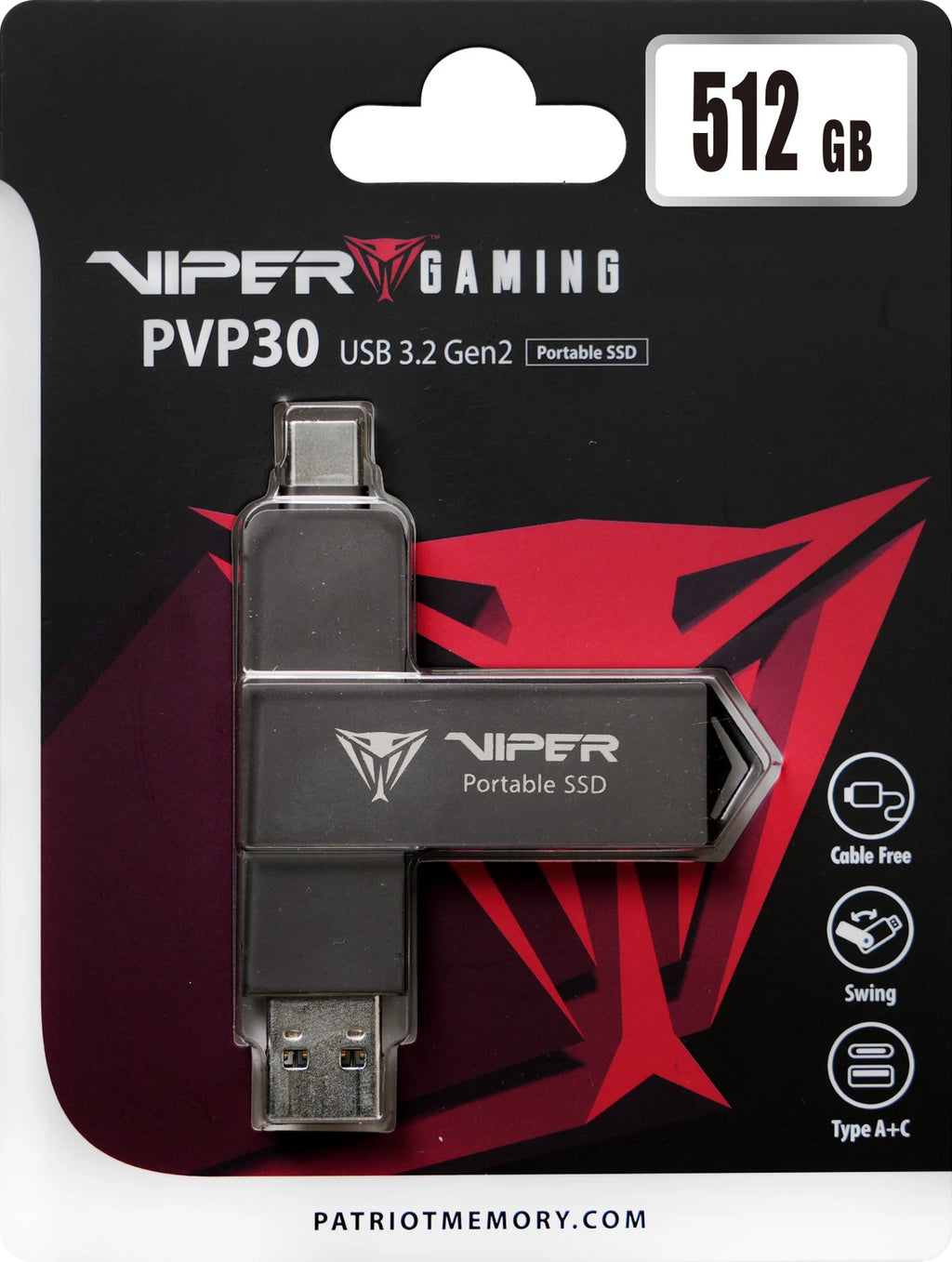 Patriot Viper PVP30 Externe SSD 512 GB USB-A USB-C 3.2 Gen2 Schwarz flach OVP