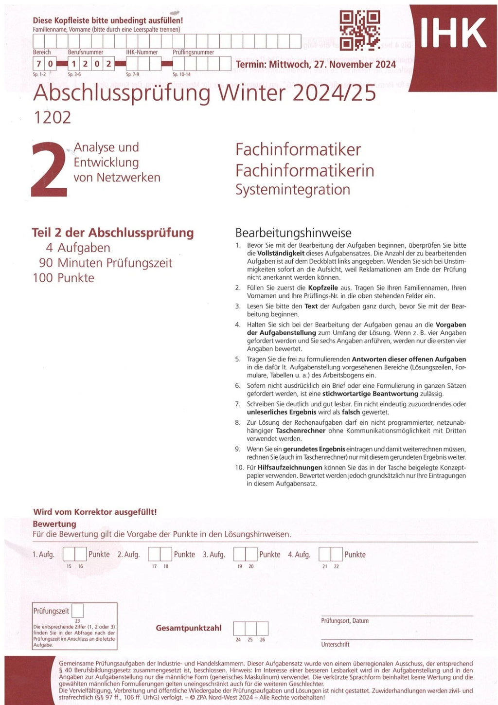 IHK Abschlussprüfung Winter 2024/25 Fachinformatiker Systemintegration DIN A4 flach (Unbenutzt)