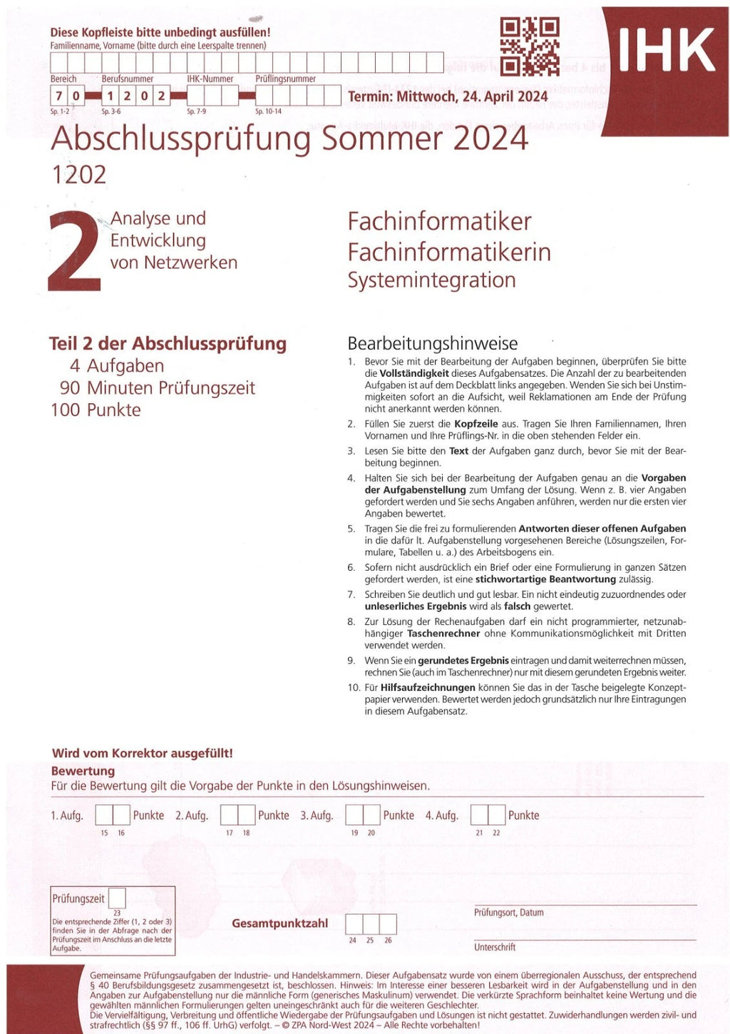 IHK Abschlussprüfung Sommer 2024 Fachinformatiker Systemintegration DIN A4 flach (Unbenutzt)