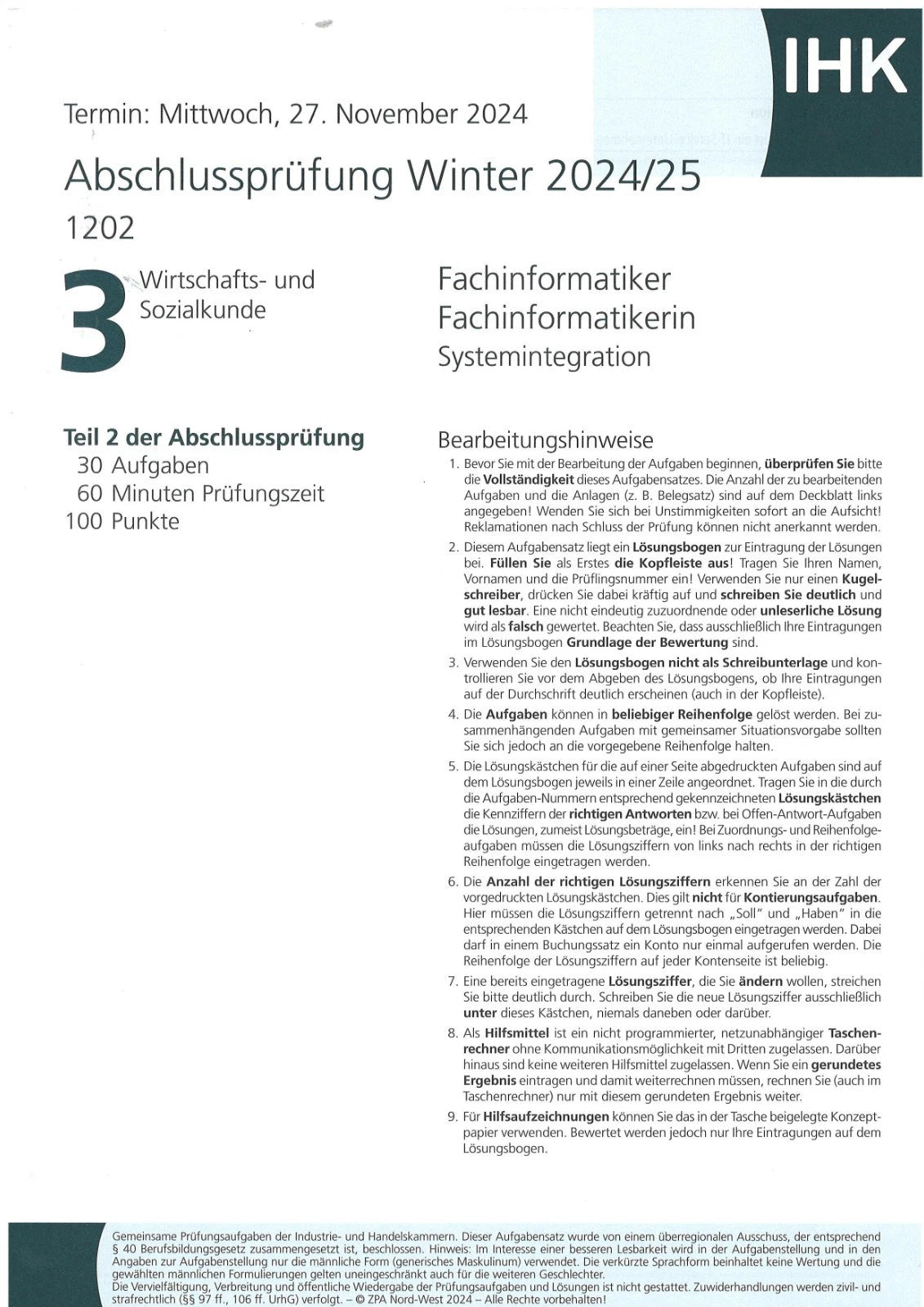 IHK Abschlussprüfung Winter 2024/25 Fachinformatiker Systemintegration DIN A4 flach (Unbenutzt)
