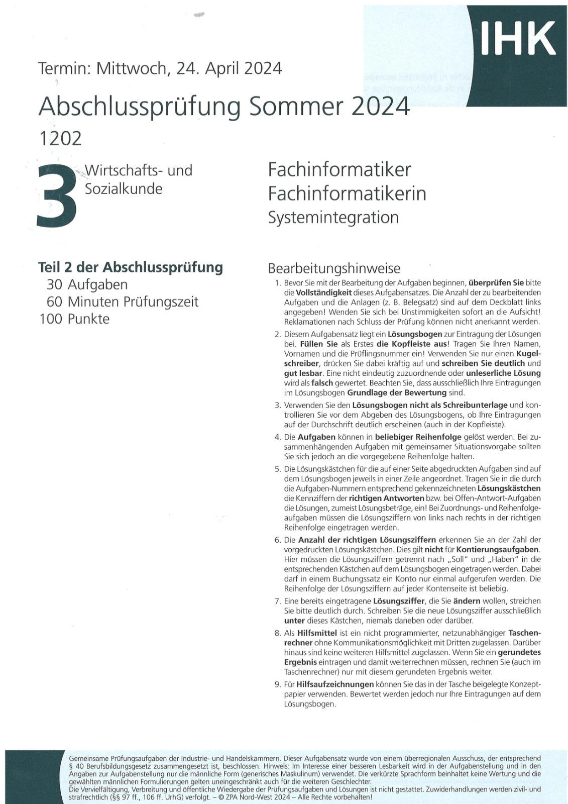 IHK Abschlussprüfung Sommer 2024 Fachinformatiker Systemintegration DIN A4 flach (Unbenutzt)