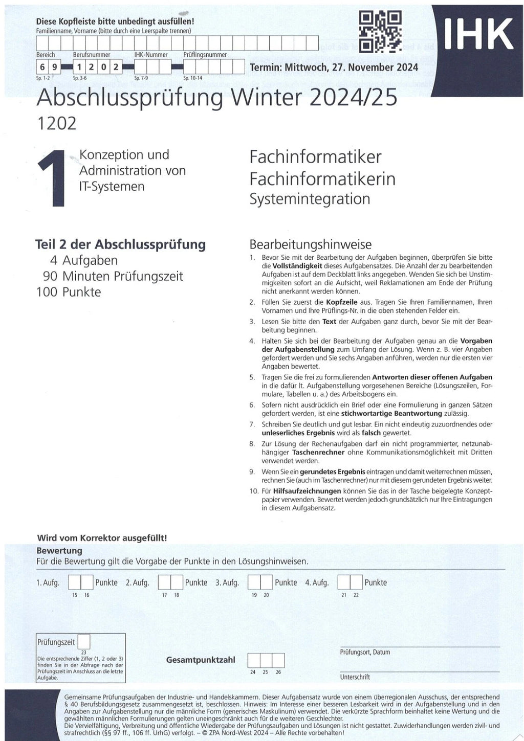 IHK Abschlussprüfung Winter 2024/25 Fachinformatiker Systemintegration DIN A4 flach (Unbenutzt)